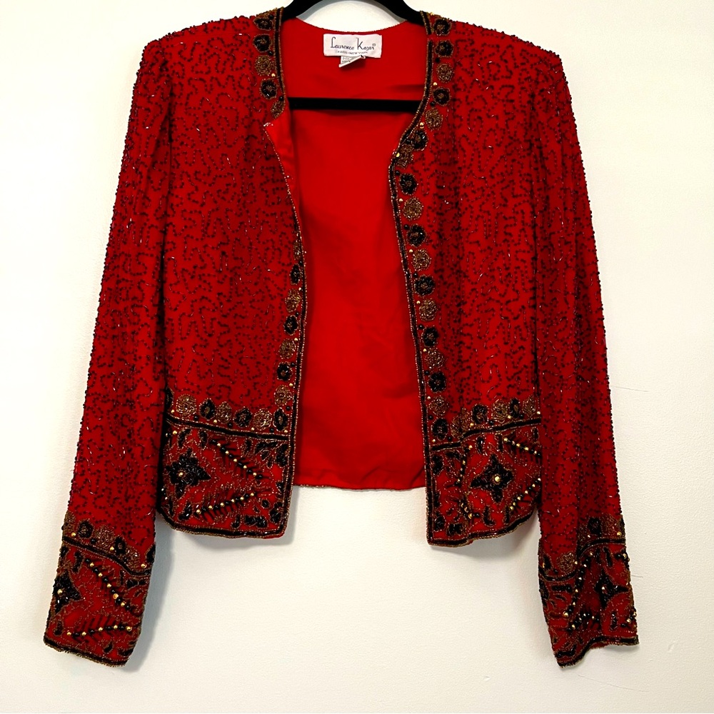 Vintage Laurence Kazar Red Beaded Silk Jacket Size L Holiday NYE